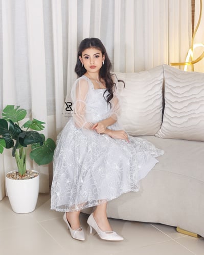 فستان رمادي مطرز اكمام طويله