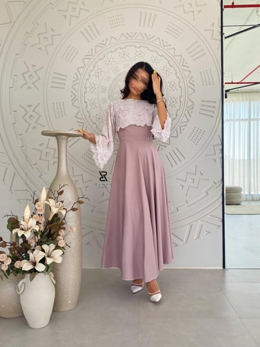 فستان موف بشيفون اوف وايت مطرز ، قطعتين .