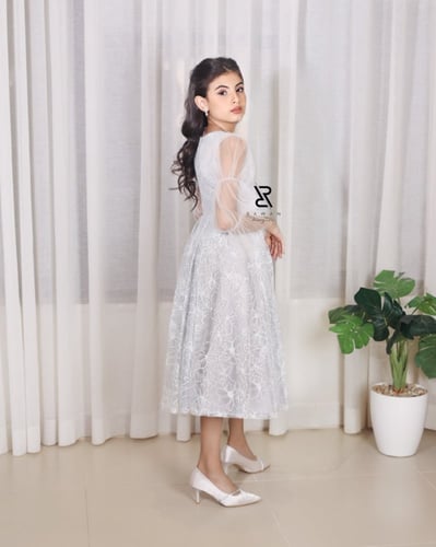 فستان رمادي مطرز اكمام طويله