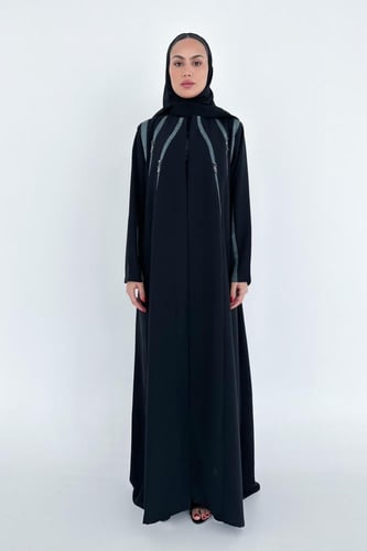 تسليم فوري - عبايه كريب كوري اسود بقصات اخضر مموج...