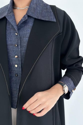 عبايه كريب ياباني اسود وتفته وقميص لنن متصل قصير ب...