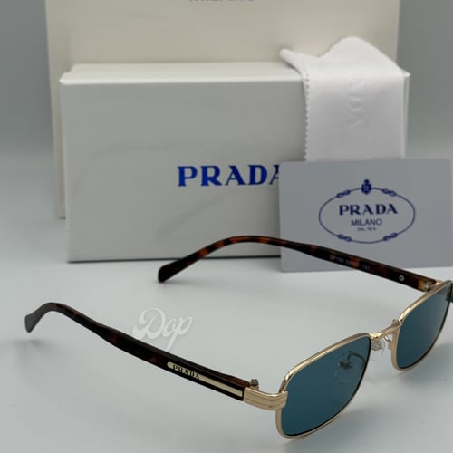 نظارة برادا مستطيل ذهبي بعدسة زرقاء