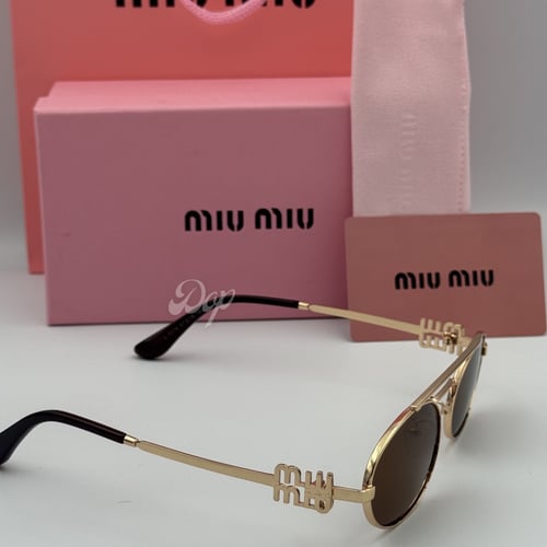 نظارة ميو ميو بيضاوي ذهبي بعدسة بُنية