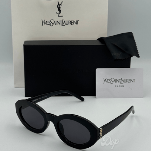 نظارة سان لوران مستدير أسود كامل بشعار ذهبي