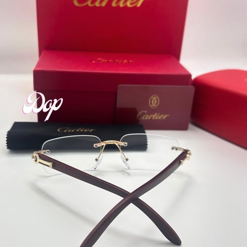نظارة كارتير خشبي ذهبي بدون أطار بعدسة شفافة