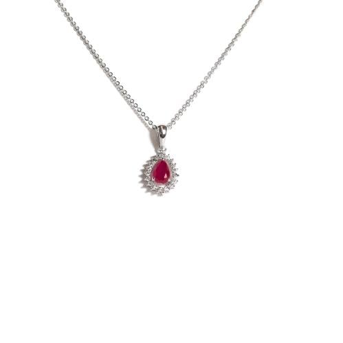 White gold diamond pendant with a red stone