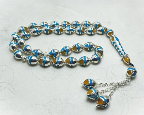 سبحة فضة فاخرة من الكهرمان والفيروز