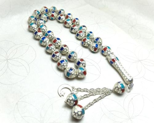 سبحة فضة فاخرة من الفيروز والمرجان والعظم