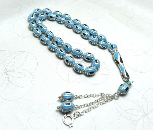 سبحة فضة فاخرة نقش فيروزي أسود