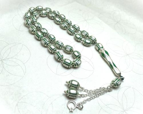 سبحة فضة فاخرة نقش أخضر فاتح