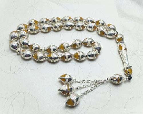 سبحة فضة فاخرة من الكهرمان والعظم