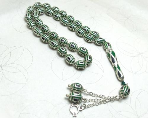 سبحة فضة فاخرة نقش أخضر وأسود