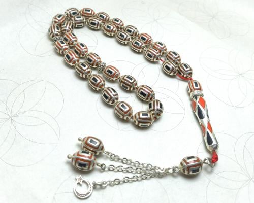 سبحة فضة فاخرة نقش مرجاني أسود