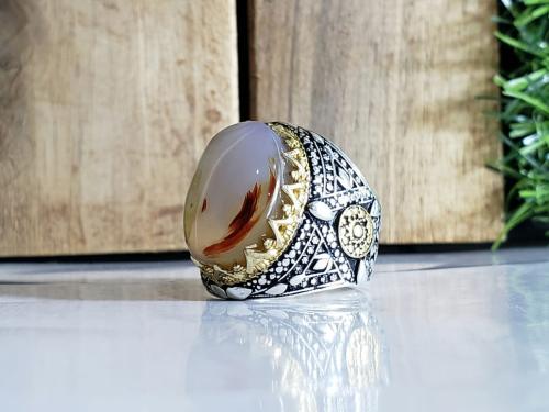 خاتم عقيق يماني فضة عيار 925 مزين بالنحاس