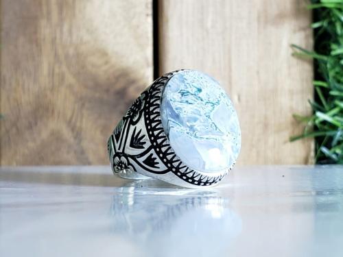 خاتم عقيق يماني طحلبي فضة عيار 925 نقش الورد