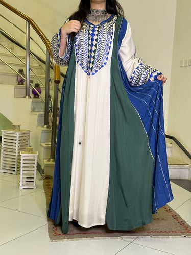 جلابية حرير شاموا بتطريز أمامي (نيلي وزيتي) #119