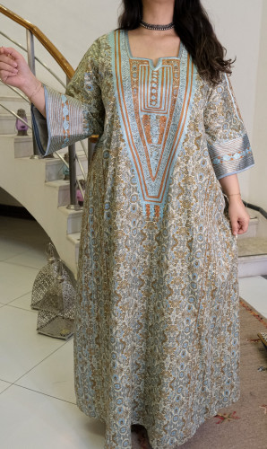 جلابية حرير وقطن (سماوي مشجر) #135