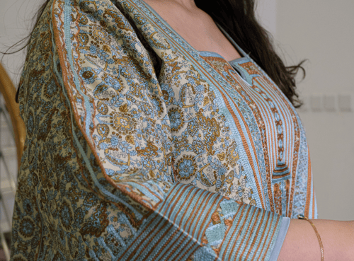 جلابية حرير وقطن (سماوي مشجر) #135