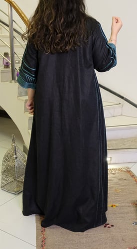 جلابية لينن منقط بتطريز أمامي (أسود وأزرق) #130