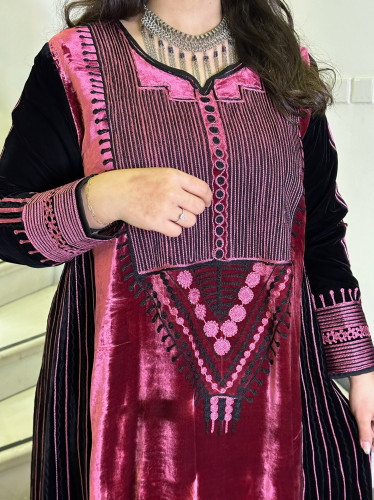 جلابية مخمل فرنسي (فوشي وأسود) #55