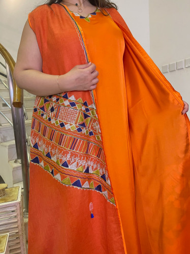 فستان قطعتين بتطريز عرضي برتقالي #04