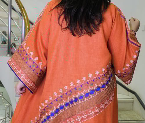 جلابية لينن بتطريز كامل (برتقالي) #142