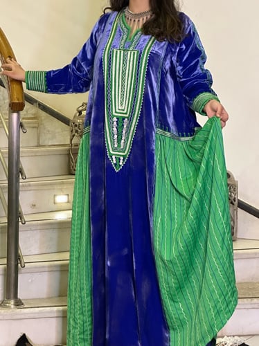 جلابية مخمل فرنسي وحرير (نيلي وأخضر) #54