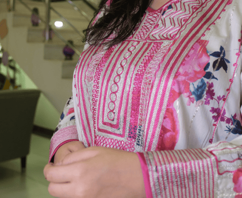 جلابية قطن حرير زري بتطريز أمامي (تشجير وردي) #143