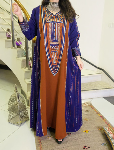 جلابية حرير مغسول بتطريز أمامي (نيلي وبرتقالي) #12...