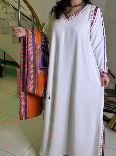 جلابية لينن قطعتين (أبيض وبرتقالي) #155