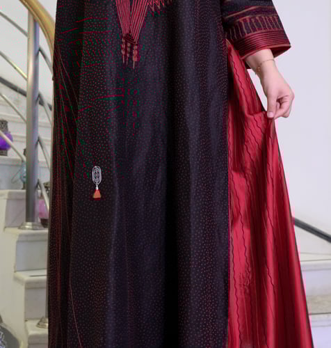 جلابية لينن منقط بتطريز أمامي (أسود وأحمر) #133