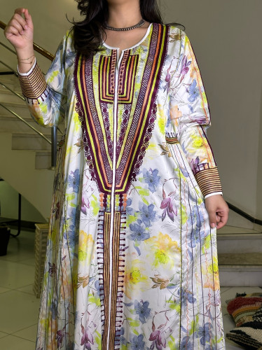 جلابية قطن مشجر (عنابي وأصفر) #152