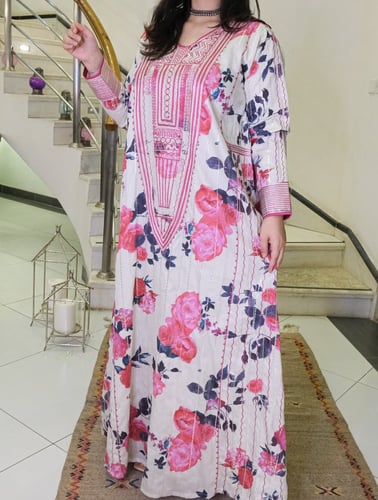 جلابية قطن حرير زري بتطريز أمامي (تشجير وردي) #143