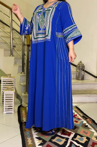 جلابية كريب بتطريز أمامي (نيلي وأخضر) #100