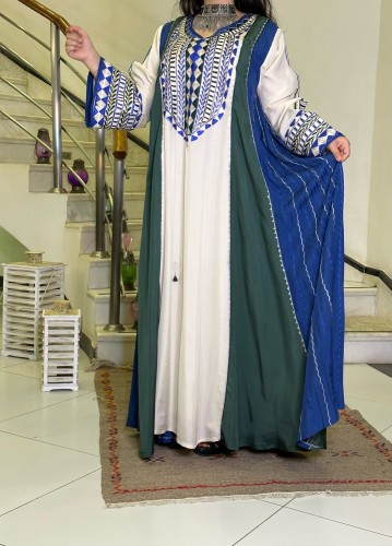 جلابية حرير شاموا بتطريز أمامي (نيلي وزيتي) #119