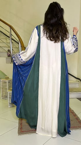 جلابية حرير شاموا بتطريز أمامي (نيلي وزيتي) #119