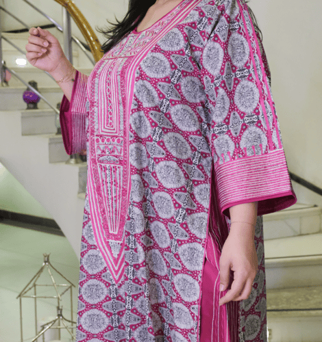 جلابية قطن حرير مطرز (فوشيا) #146