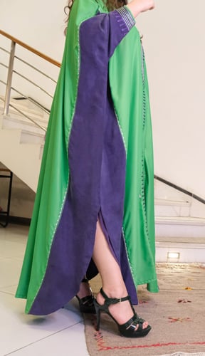 جلابية كلوش حرير مغسول (أخضر وموف) #131