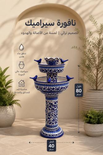نافورة سيراميك ( خزف ) تصميم تراثي ازرق وابيض