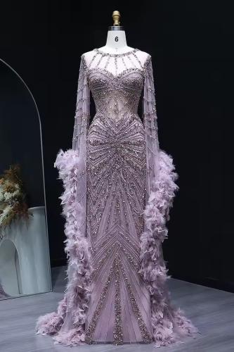 Lavender evening dress with long sleeves, feather...