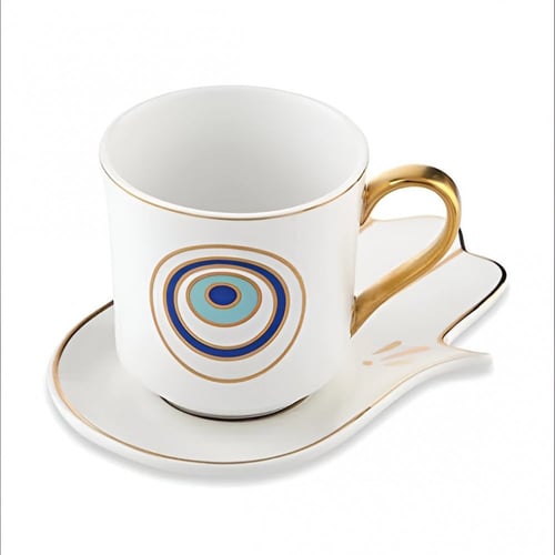 كوب العين الزرقاء باللون الابيض مع صحن