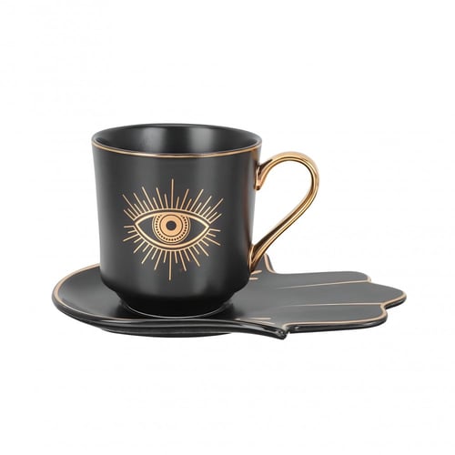 كوب العين الذهبية باللون الاسود مع صحن