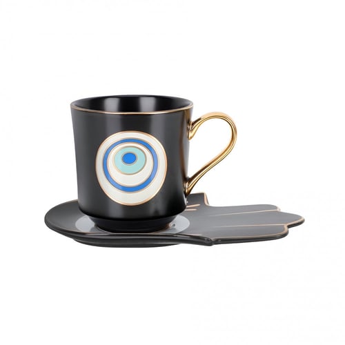 كوب العين الزرقاء باللون الاسود مع صحن