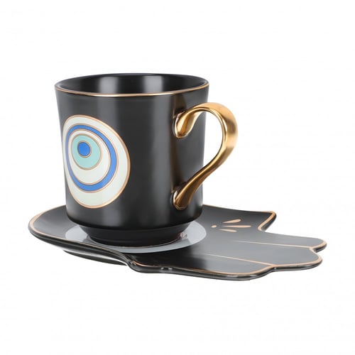 كوب العين الزرقاء باللون الاسود مع صحن