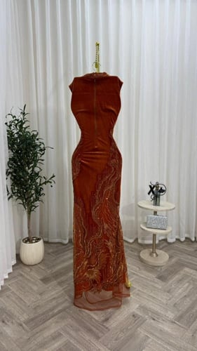 فستان سهرة من المخمل بياقة عالية