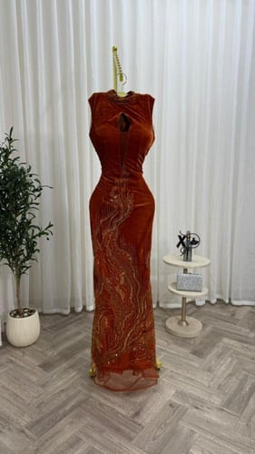 فستان سهرة من المخمل بياقة عالية