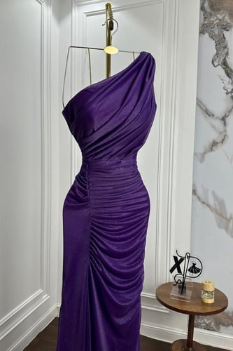 فستان موف براق بكتف واحد