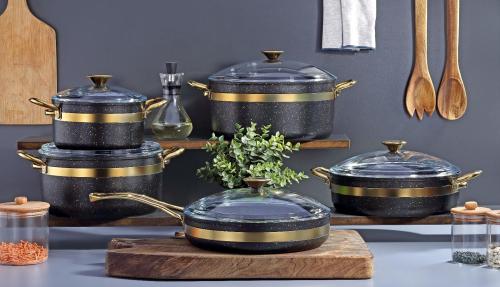 طقم قدور تركي بونيرا جرانيت بيج واسود 10 قطع