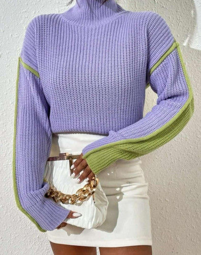 Wool sweater two colors high neck off-shoulder
