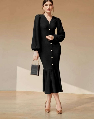 Fishtail dress with lantern sleeves, fake buttons,...